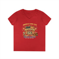 America Turns 250 Route 66 Turns 100 Womens V Neck Shirt, Patriotic USA Road Trip Tee, Mother Road Americana Top