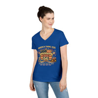 America Turns 250 Route 66 Turns 100 Womens V Neck Shirt, Patriotic USA Road Trip Tee, Mother Road Americana Top