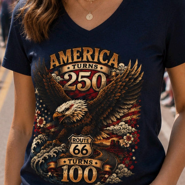 America Turns 250 Route 66 Turns 100 Womens V Neck Shirt, Patriotic Eagle Americana Tee, USA Road Trip Shirt