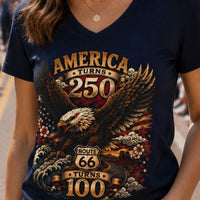 America Turns 250 Route 66 Turns 100 Womens V Neck Shirt, Patriotic Eagle Americana Tee, USA Road Trip Shirt