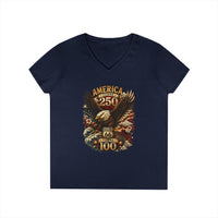 America Turns 250 Route 66 Turns 100 Womens V Neck Shirt, Patriotic Eagle Americana Tee, USA Road Trip Shirt