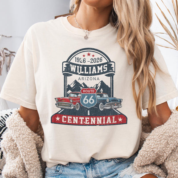 Route 66 Centennial Shirt | Williams Arizona Vintage Car Tee | 1926-2026 Anniversary T-Shirt | Comfort Colors Retro Americana Top