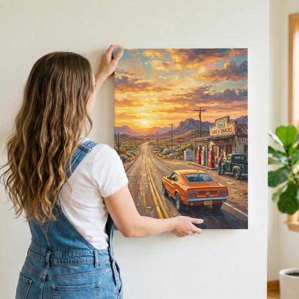 Summer Road Trip Wall Art, Route 66 Vintage Print, Retro American Highway Decor, Classic Car Sunset Poster