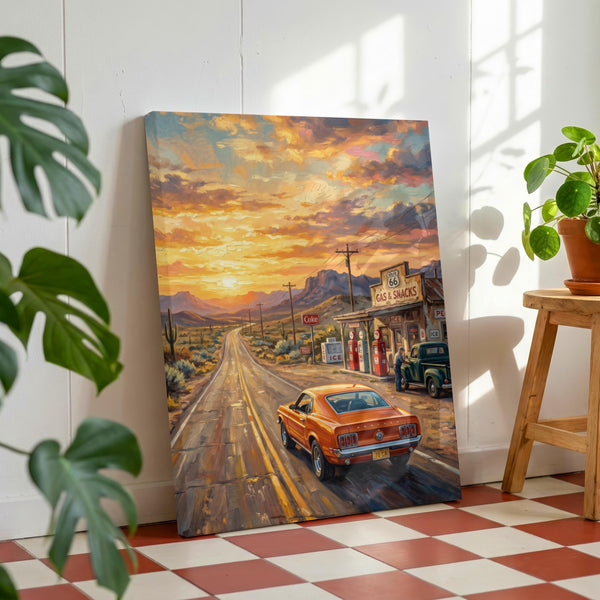 Summer Road Trip Wall Art, Route 66 Vintage Print, Retro American Highway Decor, Classic Car Sunset Poster