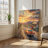 Summer Road Trip Wall Art, Route 66 Vintage Print, Retro American Highway Decor, Classic Car Sunset Poster