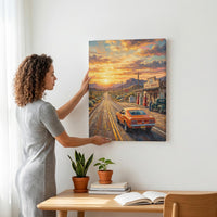 Summer Road Trip Wall Art, Route 66 Vintage Print, Retro American Highway Decor, Classic Car Sunset Poster