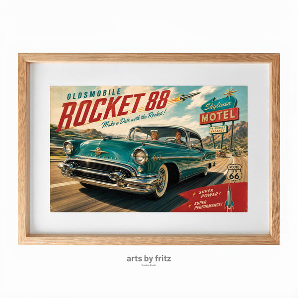 Oldsmobile Rocket 88 Route 66 Poster, Retro 50s Car Ad Wall Art, Vintage Americana Motel Decor, Classic Car Print, Digital Download