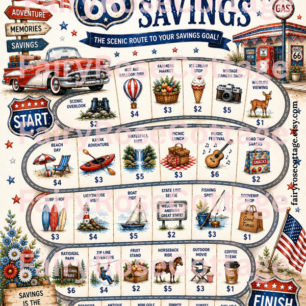 Route 66 Savings Challenge Printable | Road Trip Cash Stuffing Game | Patriotic Summer Budget Tracker | Vacation Savings PDF