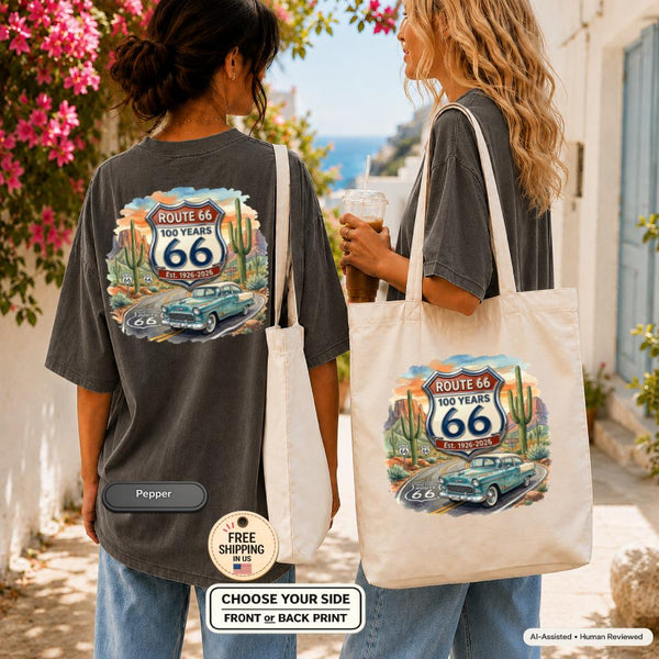 Route 66 100 Years Shirt and Tote Bag, Centennial 2026 Road Trip Gift, Historic Highway Americana Matching Set
