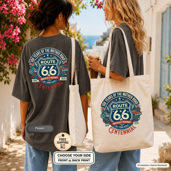 Route 66 Centennial Shirt and Tote Bag, Historic Highway Gift, Route 66 100 Years Anniversary, Road Trip Lover Matching Set