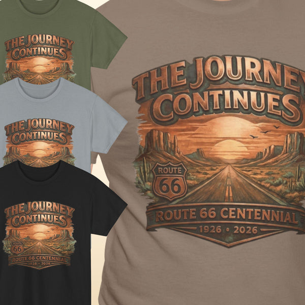 Route 66 Centennial Shirt, The Journey Continues Retired T-Shirt, Vintage Copper Route 66 Road Trip Tee, 100th Anniversary Mother Road Gift