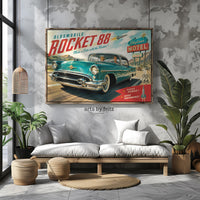Oldsmobile Rocket 88 Route 66 Poster, Retro 50s Car Ad Wall Art, Vintage Americana Motel Decor, Classic Car Print, Digital Download