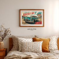 Oldsmobile Rocket 88 Route 66 Poster, Retro 50s Car Ad Wall Art, Vintage Americana Motel Decor, Classic Car Print, Digital Download