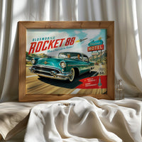 Oldsmobile Rocket 88 Route 66 Poster, Retro 50s Car Ad Wall Art, Vintage Americana Motel Decor, Classic Car Print, Digital Download