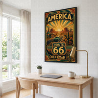 Route 66 Travel Poster | Digital Download | USA 250 Americana Wall Art | Vintage Classic Car Print | Art Deco Road Trip | Desert Landscape