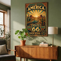 Route 66 Travel Poster | Digital Download | USA 250 Americana Wall Art | Vintage Classic Car Print | Art Deco Road Trip | Desert Landscape
