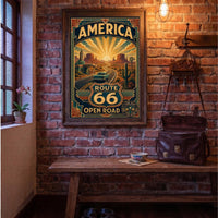 Route 66 Travel Poster | Digital Download | USA 250 Americana Wall Art | Vintage Classic Car Print | Art Deco Road Trip | Desert Landscape