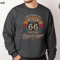 Retro Route 66 100th Anniversary Tee, 1926–2026 Centennial Sweatshirt, Americana Road Trip Hoodie