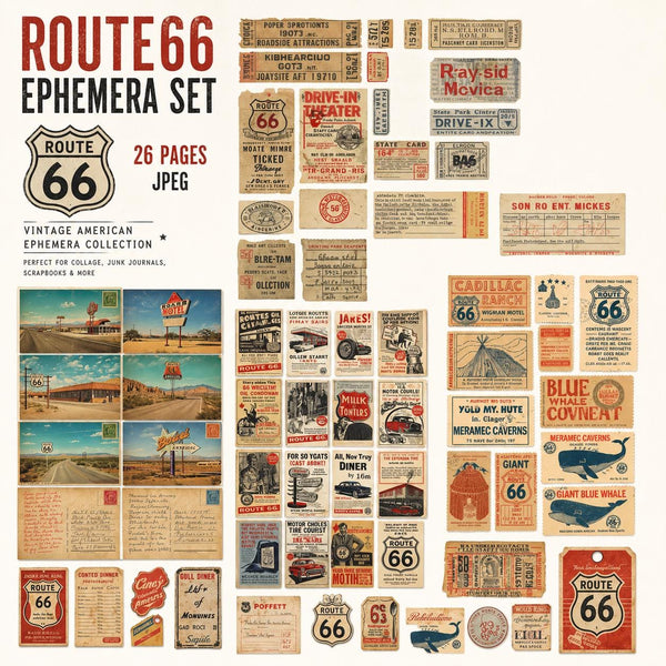 Printable Route 66 Junk Journal Ephemera Kit | Vintage Americana Road Trip Scrapbook Pages | Instant Download JPG