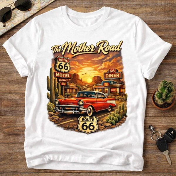 Route 66 Sunset Classic Car T-shirt | Mother Road Vintage Roadtrip