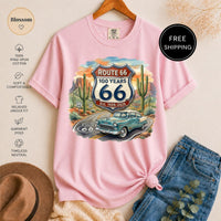 Route 66 T-Shirt - Historic 100 Years Classic Car Desert Tee - Vintage Road Trip Americana Nostalgia Shirt - Traveler Gift