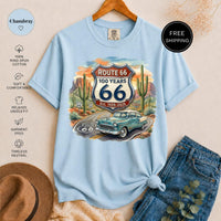Route 66 T-Shirt - Historic 100 Years Classic Car Desert Tee - Vintage Road Trip Americana Nostalgia Shirt - Traveler Gift