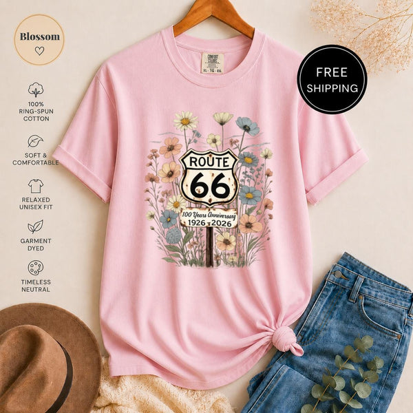 Route 66 Wildflower T-Shirt, Vintage Anniversary Graphic Tee, Rustic Road Trip Design, Boho Nature Lover Shirt
