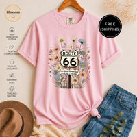 Route 66 Wildflower T-Shirt, Vintage Anniversary Graphic Tee, Rustic Road Trip Design, Boho Nature Lover Shirt