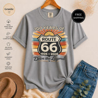Route 66 T-Shirt, 100 Years Centennial Vintage Road Trip Graphic, 'Drive the Legend' Distressed Retro Americana Top