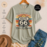 Route 66 T-Shirt, 100 Years Centennial Vintage Road Trip Graphic, 'Drive the Legend' Distressed Retro Americana Top