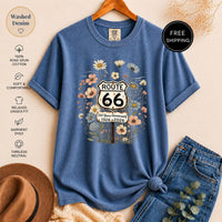Route 66 Wildflower T-Shirt, Vintage Anniversary Graphic Tee, Rustic Road Trip Design, Boho Nature Lover Shirt