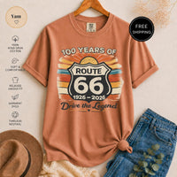 Route 66 T-Shirt, 100 Years Centennial Vintage Road Trip Graphic, 'Drive the Legend' Distressed Retro Americana Top