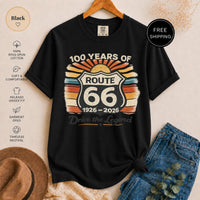 Route 66 T-Shirt, 100 Years Centennial Vintage Road Trip Graphic, 'Drive the Legend' Distressed Retro Americana Top