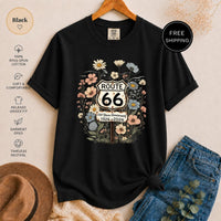 Route 66 Wildflower T-Shirt, Vintage Anniversary Graphic Tee, Rustic Road Trip Design, Boho Nature Lover Shirt