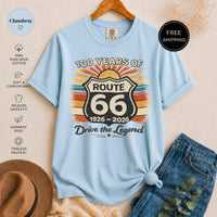 Route 66 T-Shirt, 100 Years Centennial Vintage Road Trip Graphic, 'Drive the Legend' Distressed Retro Americana Top