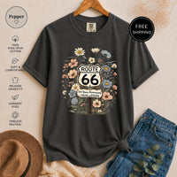 Route 66 Wildflower T-Shirt, Vintage Anniversary Graphic Tee, Rustic Road Trip Design, Boho Nature Lover Shirt