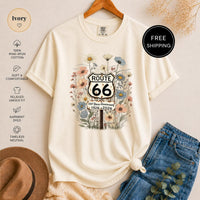 Route 66 Wildflower T-Shirt, Vintage Anniversary Graphic Tee, Rustic Road Trip Design, Boho Nature Lover Shirt