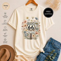 Route 66 Wildflower T-Shirt, Vintage Anniversary Graphic Tee, Rustic Road Trip Design, Boho Nature Lover Shirt