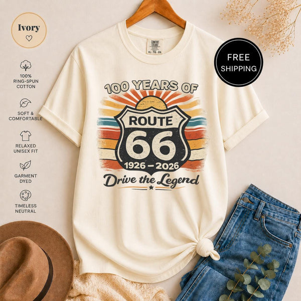 Route 66 T-Shirt, 100 Years Centennial Vintage Road Trip Graphic, 'Drive the Legend' Distressed Retro Americana Top