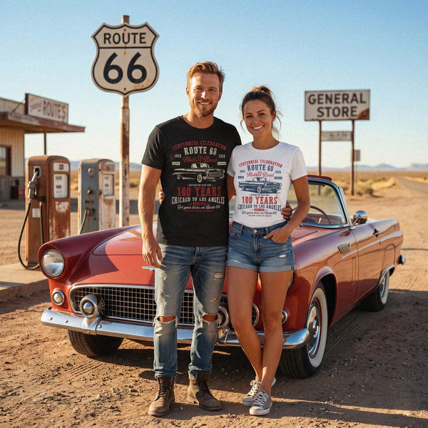 Summer Trips Route 66 Couple Celebration T-Shirt, Vintage Classic Car Road Trip Apparel