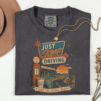 Just Keep Driving PNG | Retro Road Trip Design | Vintage Gas Station PNG | Scenic Route Graphic | Desert Motel Tee | Americana Travel PNG