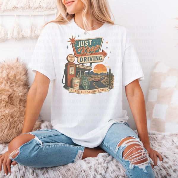 Just Keep Driving PNG | Retro Road Trip Design | Vintage Gas Station PNG | Scenic Route Graphic | Desert Motel Tee | Americana Travel PNG