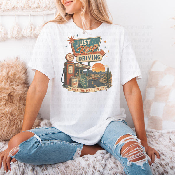 Just Keep Driving PNG | Retro Road Trip Design | Vintage Gas Station PNG | Scenic Route Graphic | Desert Motel Tee | Americana Travel PNG