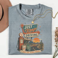 Just Keep Driving PNG | Retro Road Trip Design | Vintage Gas Station PNG | Scenic Route Graphic | Desert Motel Tee | Americana Travel PNG