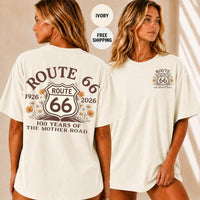 Route 66 Centennial T-Shirt, 100 Years Mother Road Shirt, Vintage Americana Road Trip Tee, Boho Wildflower Fan Gift