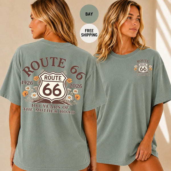 Route 66 Centennial T-Shirt, 100 Years Mother Road Shirt, Vintage Americana Road Trip Tee, Boho Wildflower Fan Gift