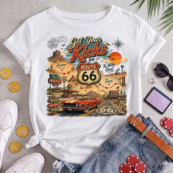 Route 66 Road Trip PNG, Get Your Kicks Mustang Tee, Arizona New Mexico Texas Highway Map, Retro Diner Graphic, Instant Download