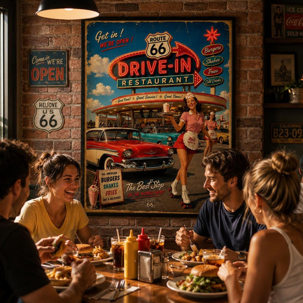 Route 66 Drive-In Restaurant Poster, Vintage Americana Wall Art, Retro Diner Print, Classic American Road Trip Decor