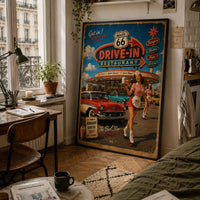Route 66 Drive-In Restaurant Poster, Vintage Americana Wall Art, Retro Diner Print, Classic American Road Trip Decor