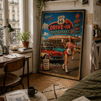 Route 66 Drive-In Restaurant Poster, Vintage Americana Wall Art, Retro Diner Print, Classic American Road Trip Decor
